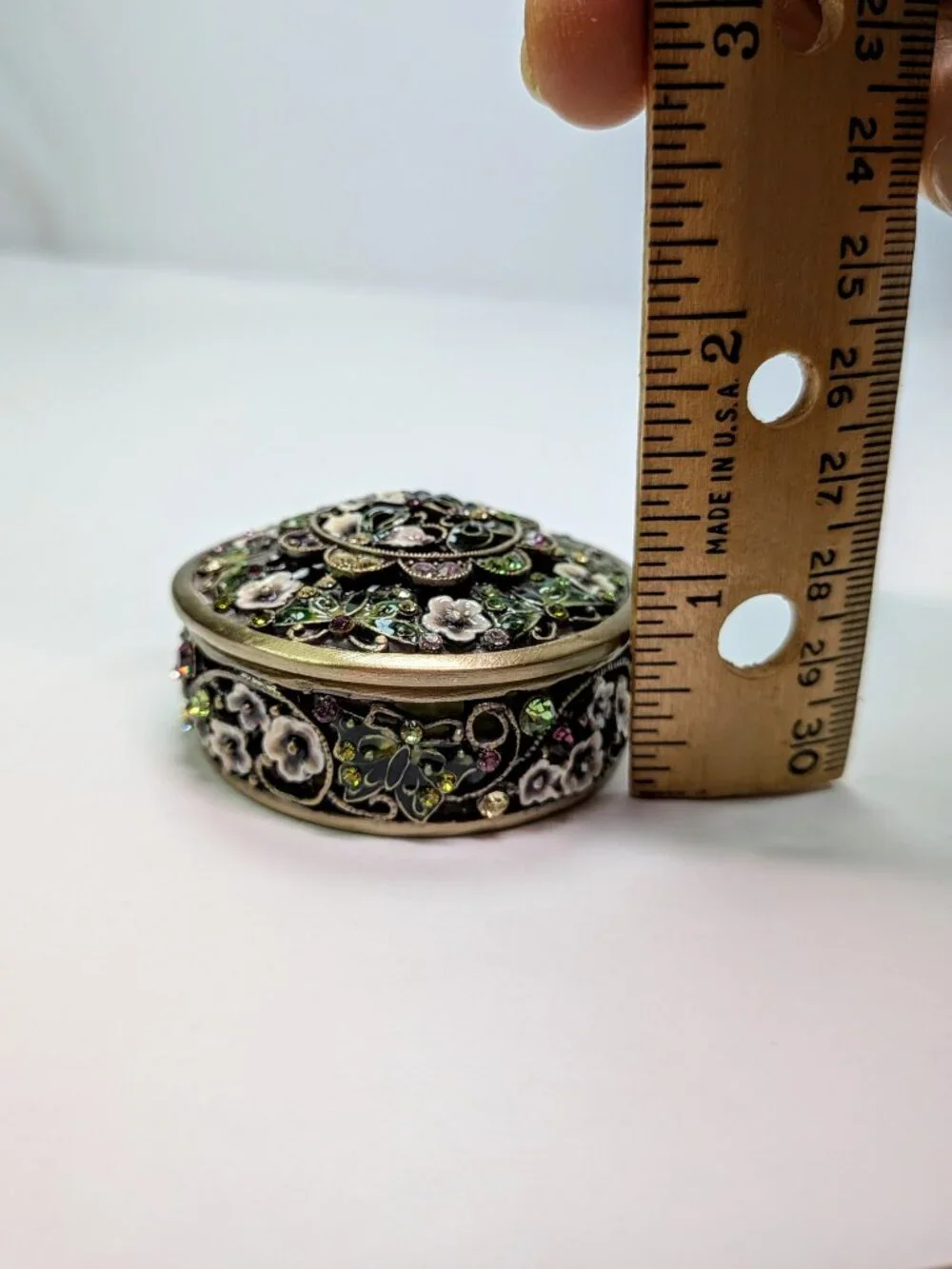 Magical Floral & Butterfly Keepsake Jeweled Trinket Box Metal, Enamel w Box